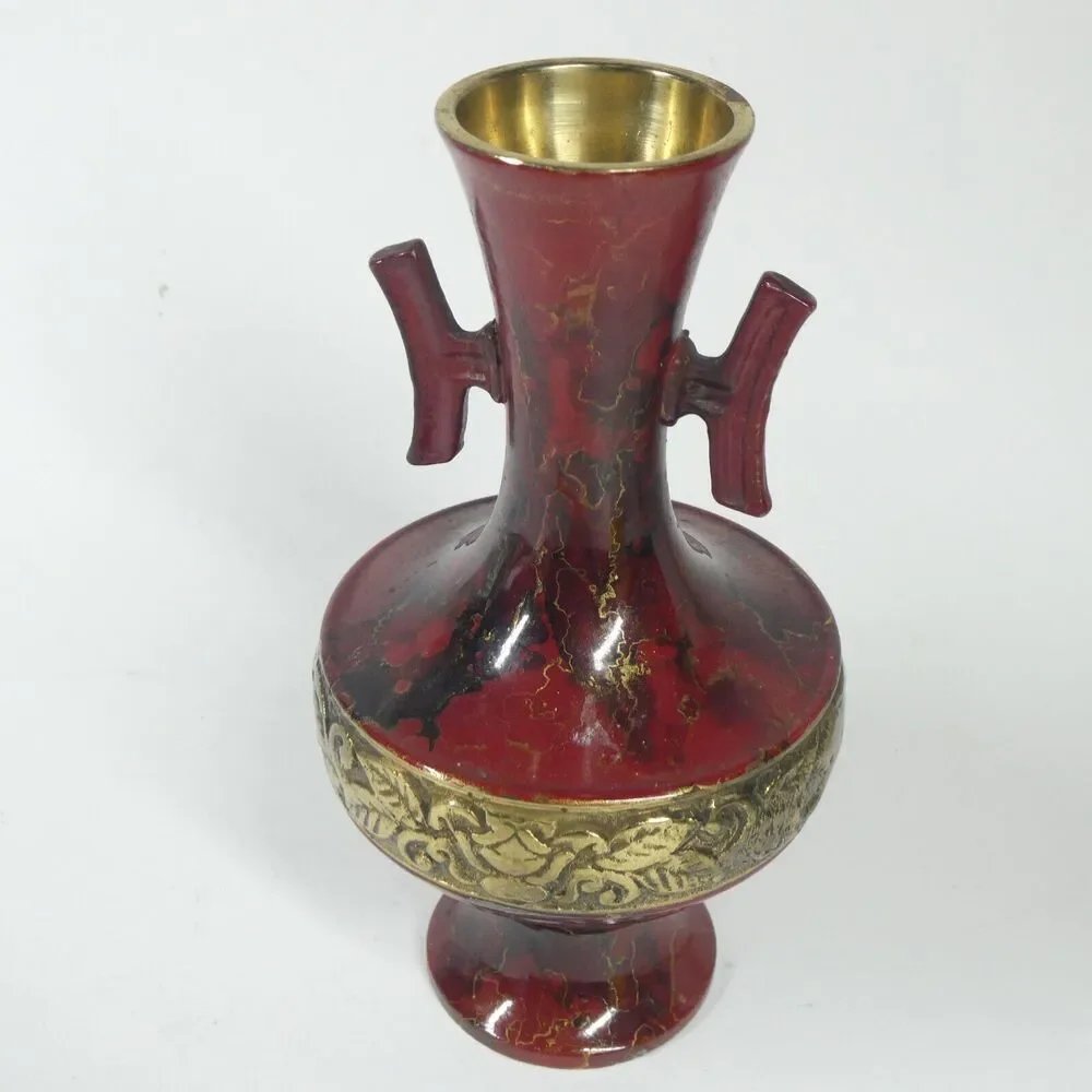 Brass Vase Red Marbled Enamel Vintage 6.5